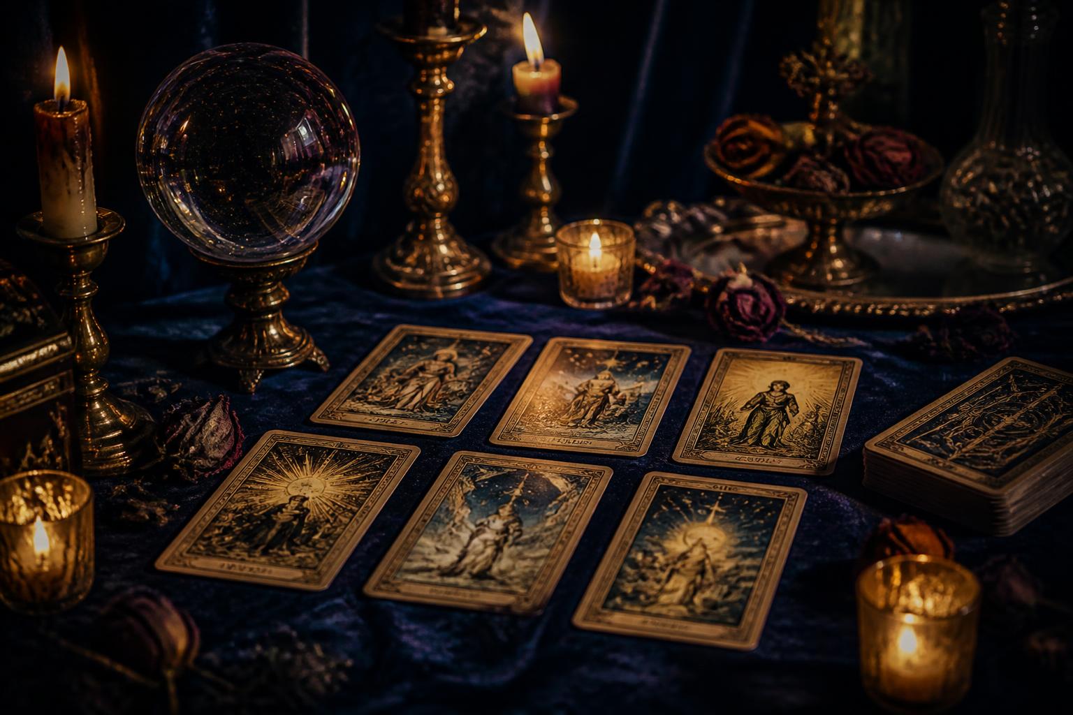 Cartas de tarot dispostas sobre veludo escuro à luz de velas